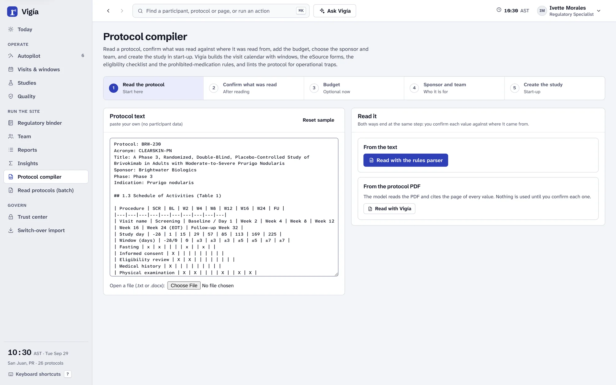 Vigía’s protocol compiler, where each value is confirmed by a person before the study is built.