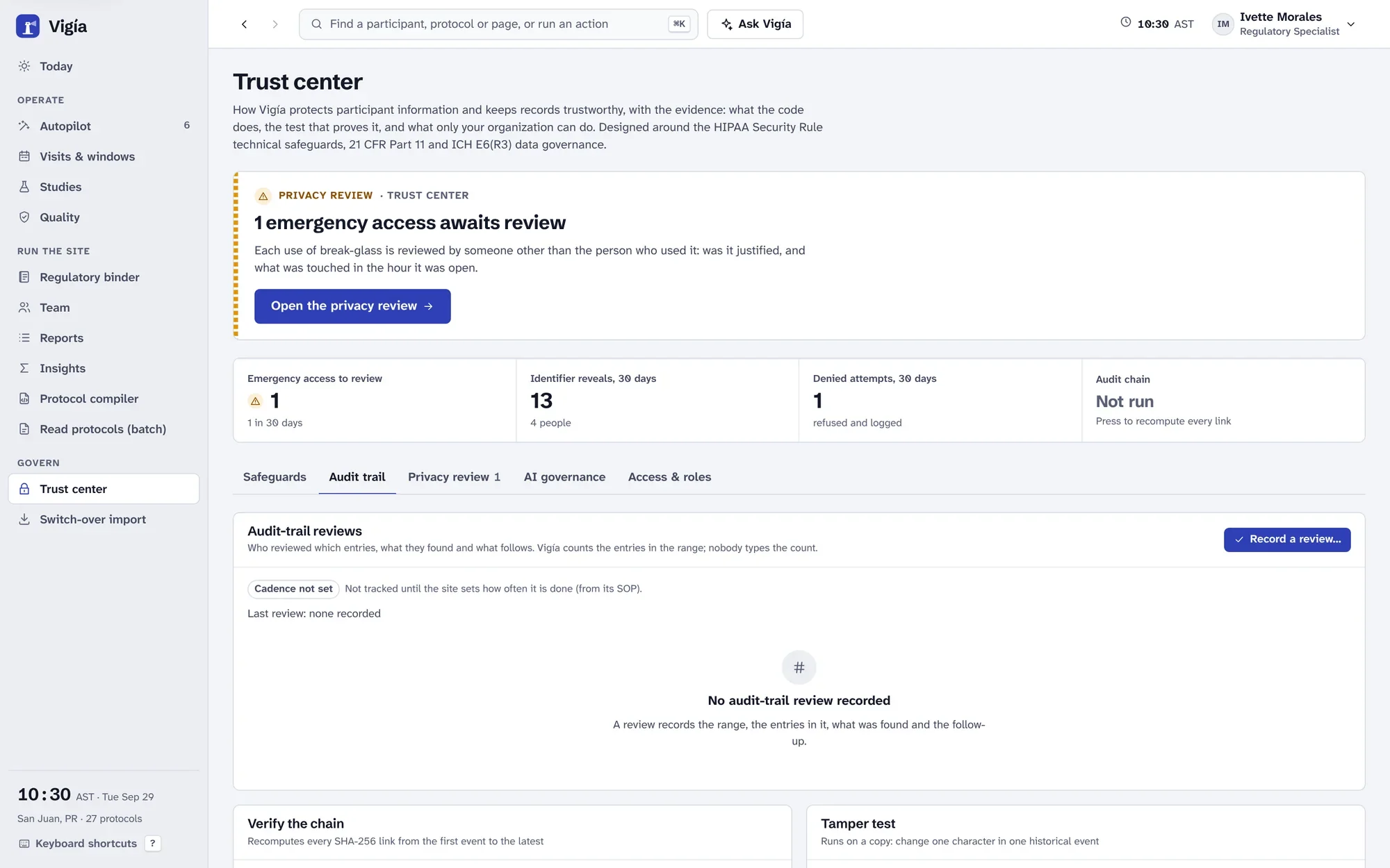 Vigía’s Trust center and audit trail.