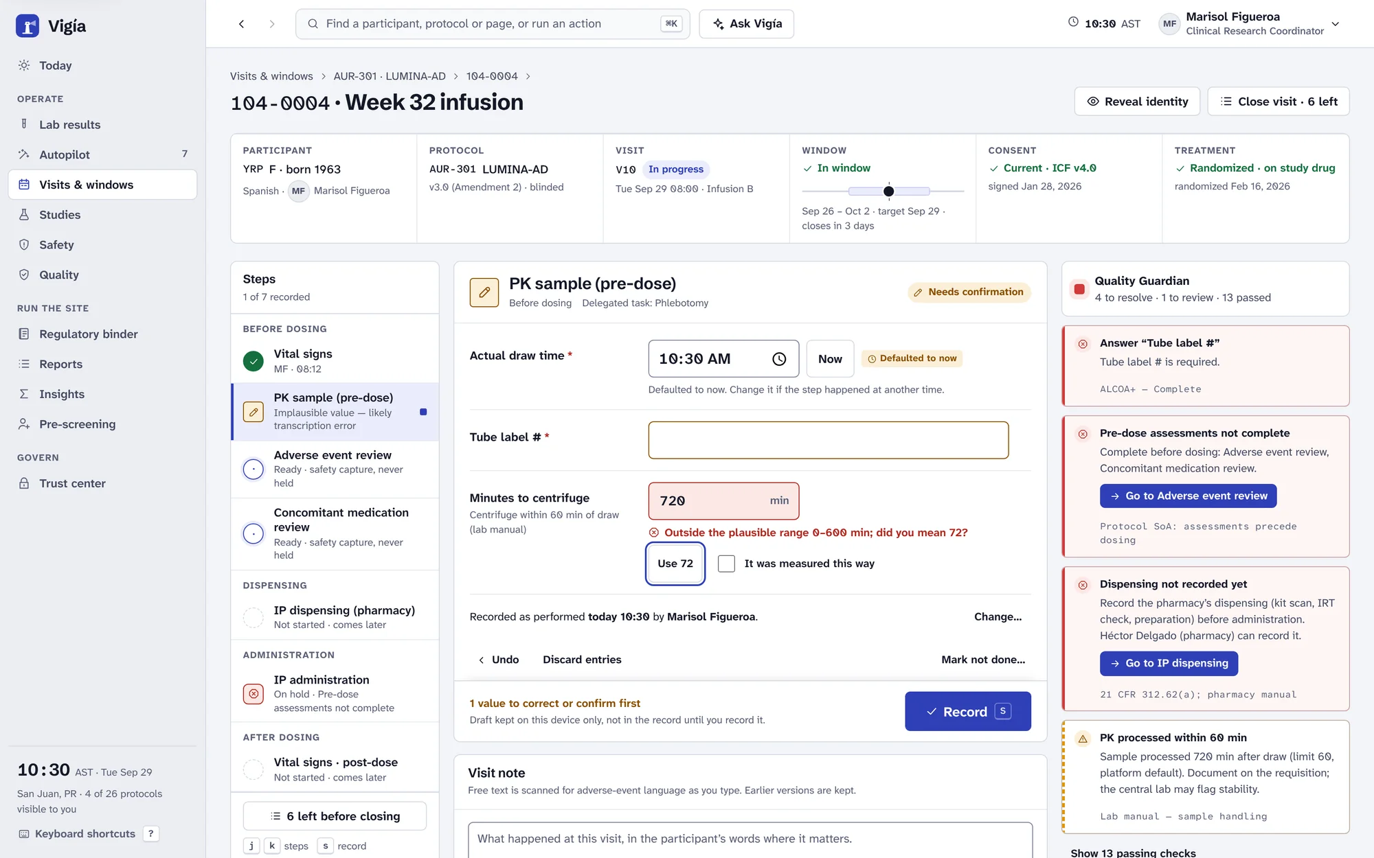 Vigía’s visit screen, with the consent check at the top of the Quality Guardian.